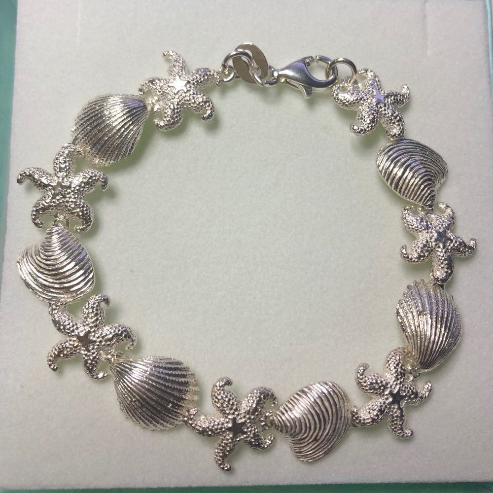 Sterling Silver 7.5" Starfish, Scallop, Clam Shell Bracelet